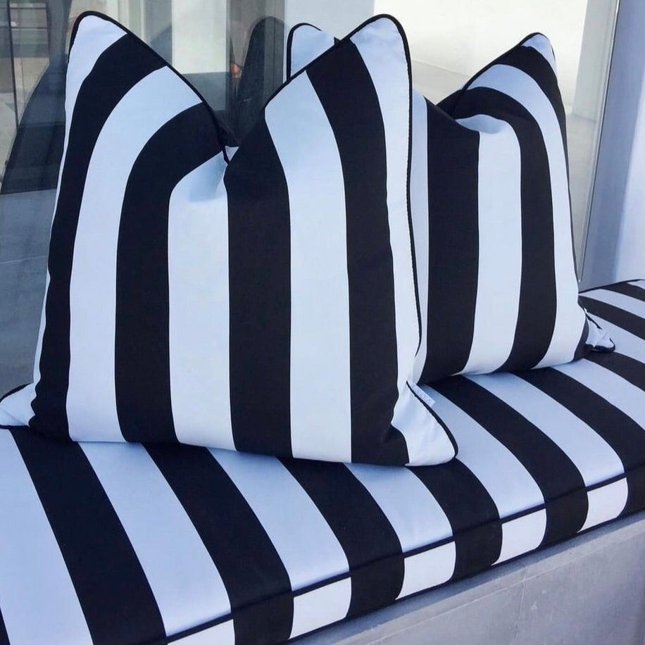 Black and white striped outdoor cushions onyx and smoke
