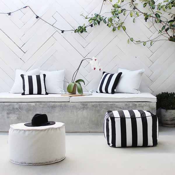 Stripey Goodness Outdoor Poolside Cushions pouf ottoman black & white onyx and smoke 